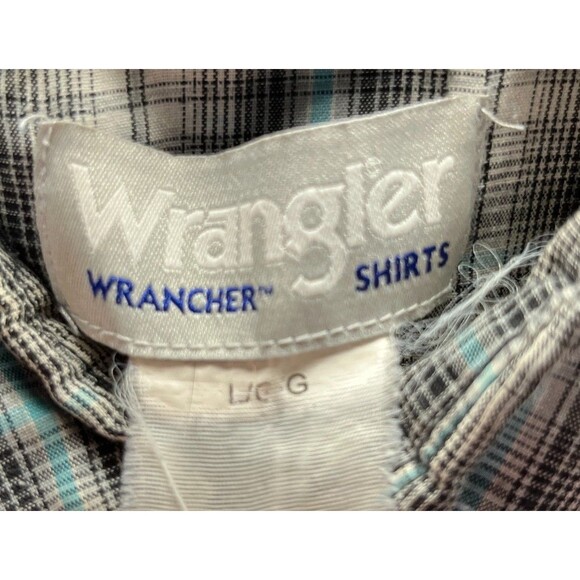 Vintage Wrangler Top Men's Size Large Gray Blue Plaid Button Up Short Sleeve - Picture 4 of 4